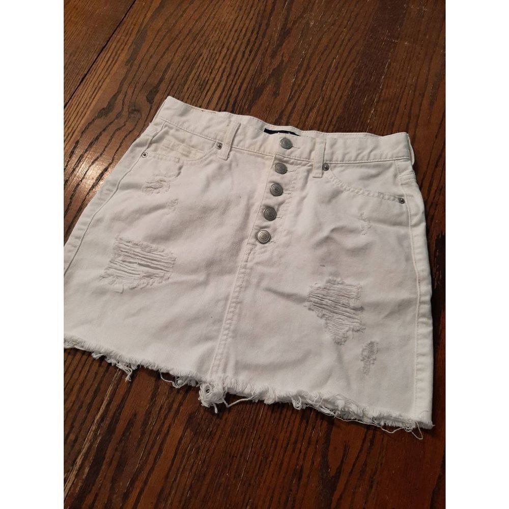 Sz 2 Aero High Rise White Button Fly Raw Hem Distressed Cotton Denim Mini Skirt